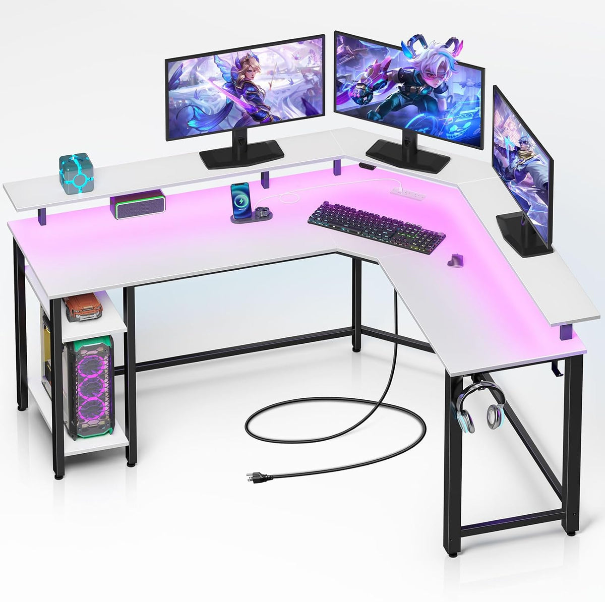 Rolanstar L Shaped Gaming Desk with LED Lights & Power Outlets, 46.2" Computer Desk with Full Monitor Stand & Storage Shelf, Corner Desk with Hooks, White Desk Reversible
