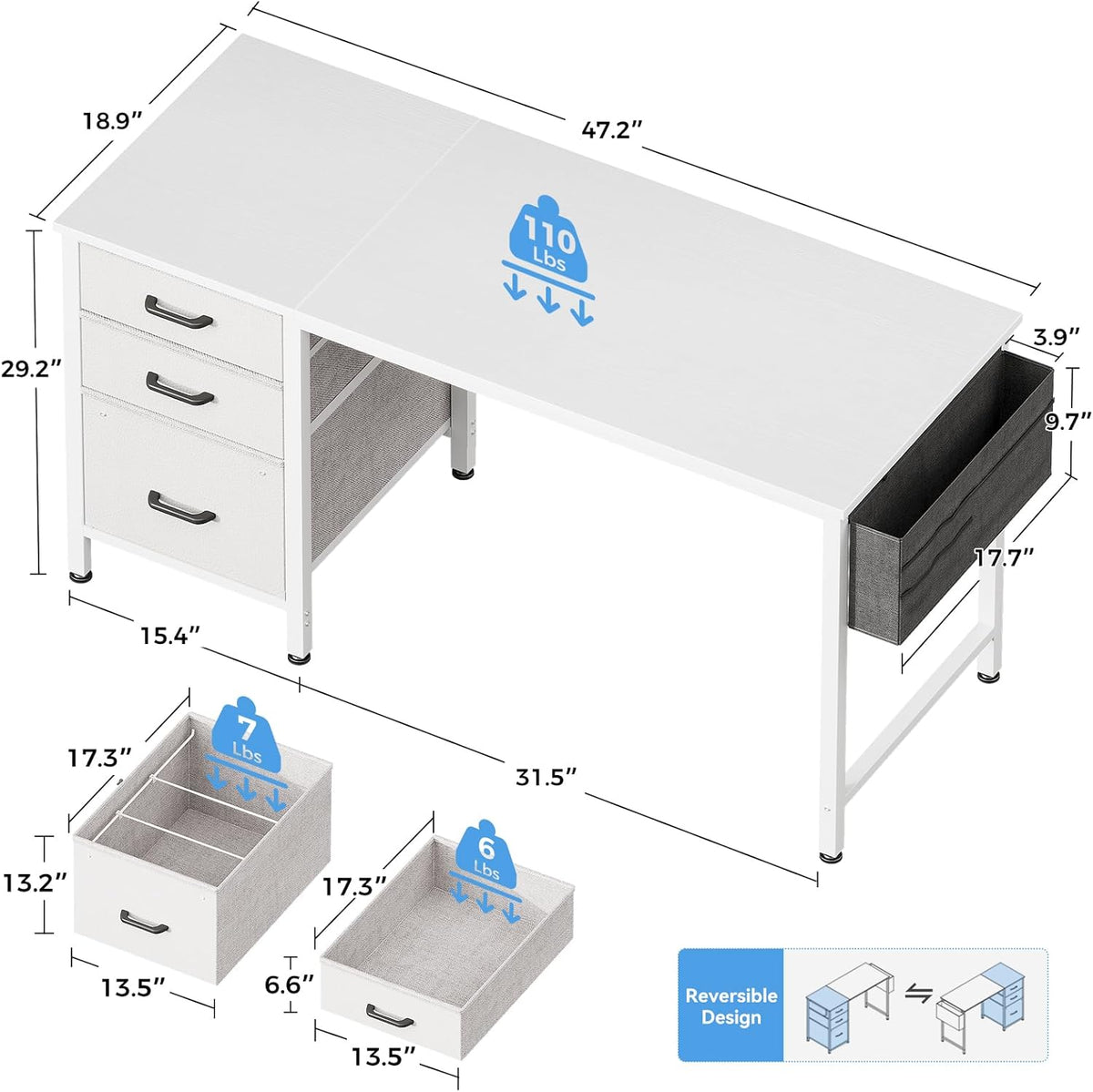 Casaottima 48" Small Computer Home Office Desk for Bedroom with Fabric Drawers & File Cabinet, Cloth Storage Bag and Hook, Writing Study Work Table for Small Space, White