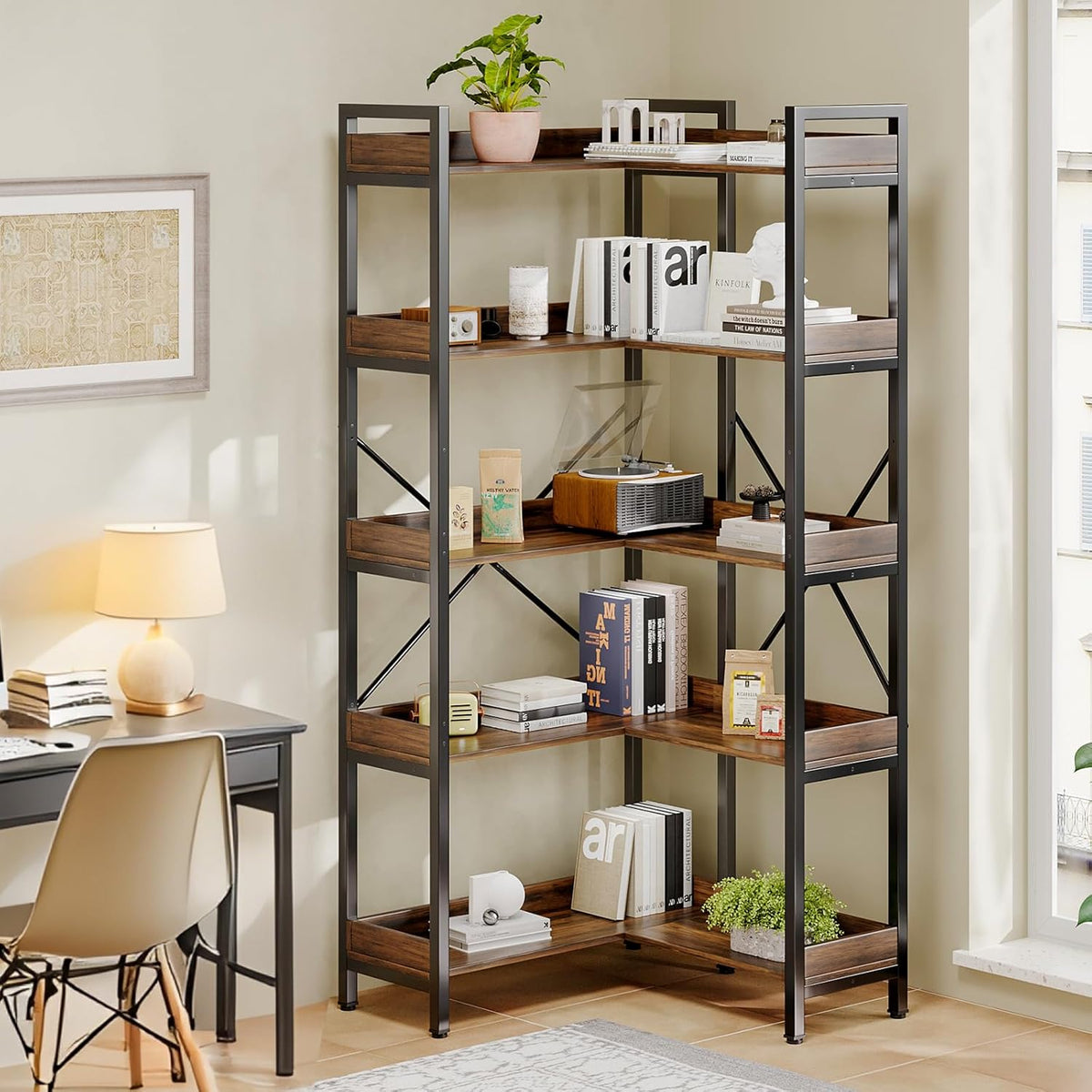 5-Tier Corner Bookshelf - Modern Tall Corner Bookcase with Sturdy Metal Frame, Large Storage L Shaped Bookshelf for Living Room/Home Office/Bedroom, Space-Saving Design, Rustic Brown