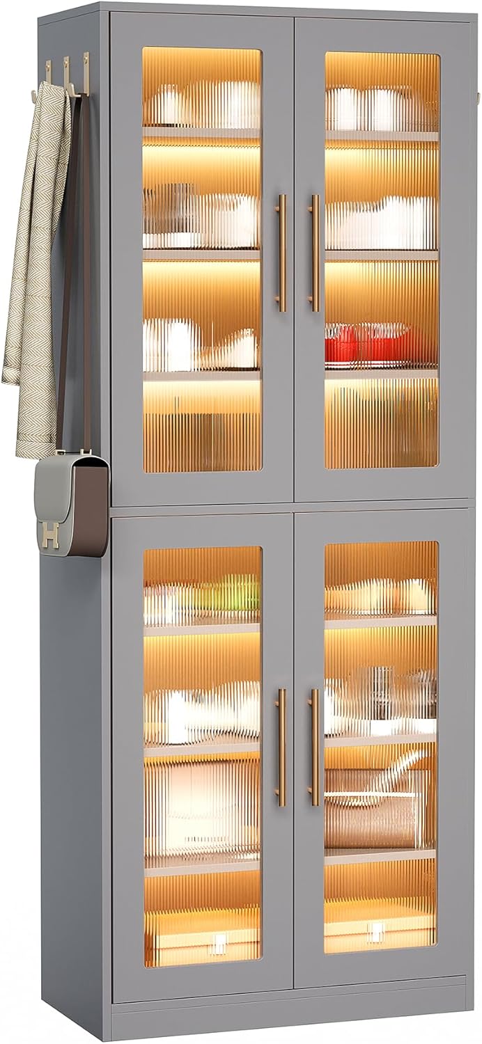 LITTLE TREE Stylish 8-Tier Vertical Shoe Rack with Built-in LED Lighting, Doors for Dust Protection, and Convenient External Hooks, Shoe Cabinet for Entryway, Living Room, Bedroom, Grey