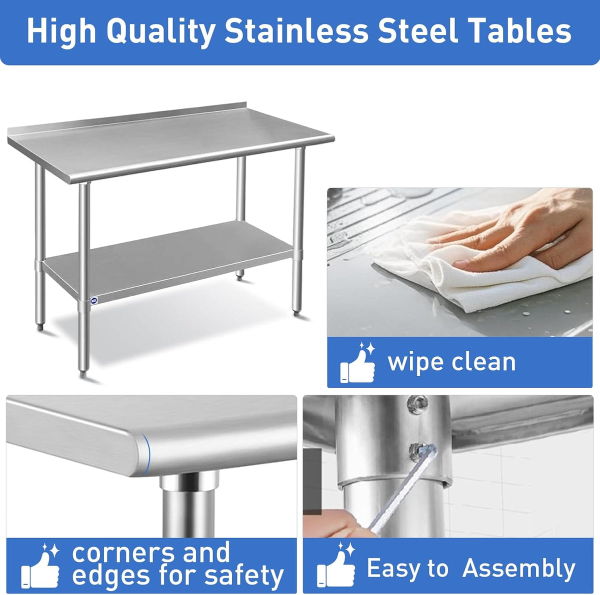 ROCKPOINT Stainless Steel Table for Prep & Work with Backsplash 14x30 Inches, NSF Metal Commercial Kitchen Heavy Duty Table with Adjustable Under Shelf and Table Foot for Restaurant, Home and Hotel