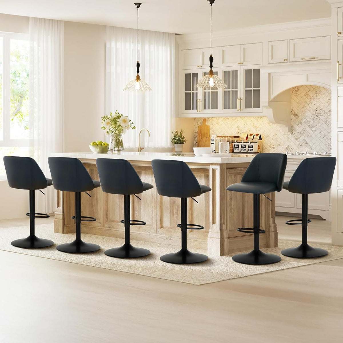 COLAMY Bar Stools Set of 6, Modern Swivel Bar Chairs, Adjustable PU Leather Upholstered Barstools Counter Height with Full Backrest for Bar, Dining Room, Kitchen Island, Black