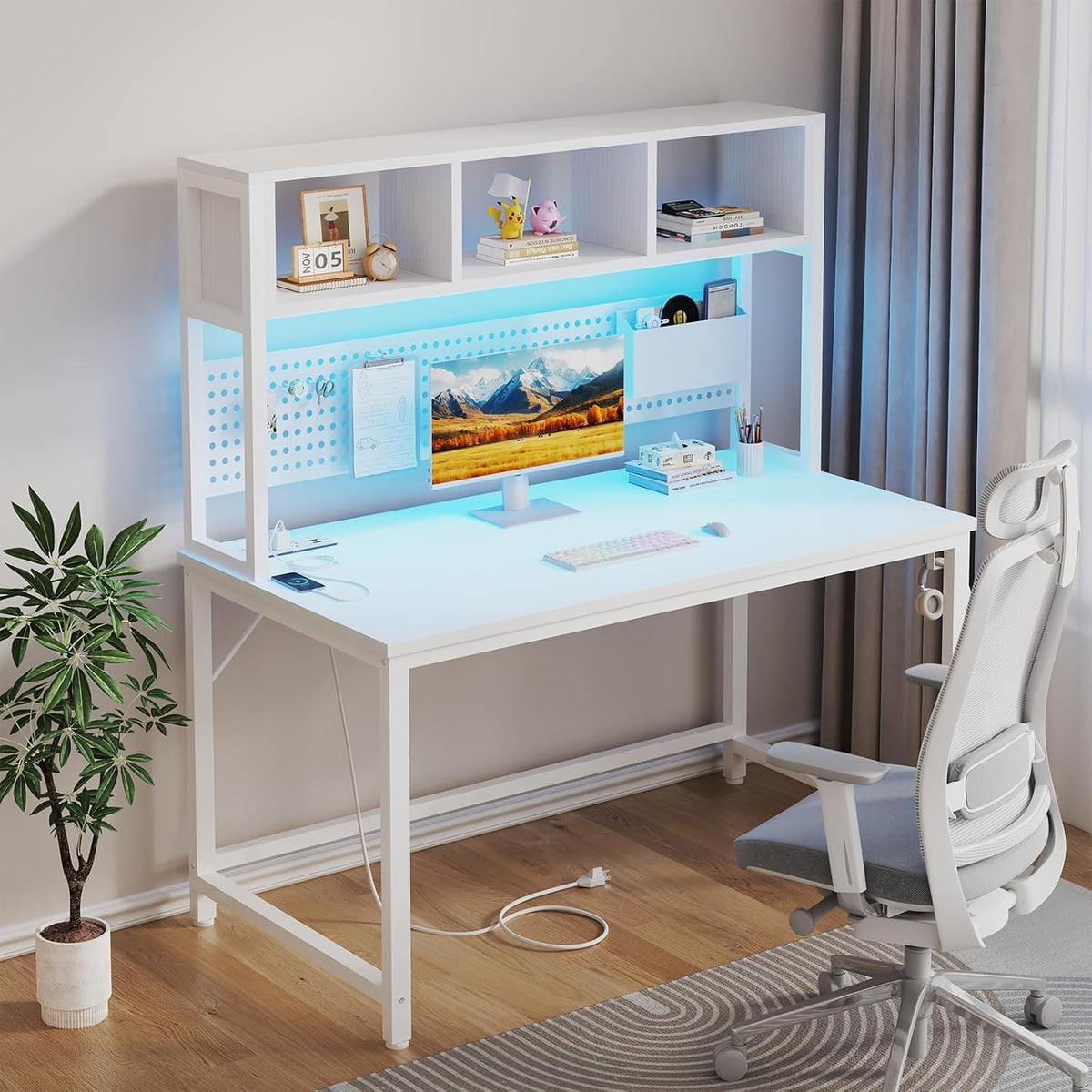 White Computer Desk with Hutch and Pegboard - Computer Desk with Power Outlets, 47 Inch Modern Study Teen Desk with Pegboard Storage Bag, Hooks and Side Bag,Writing Desk for Bedroom Home Office
