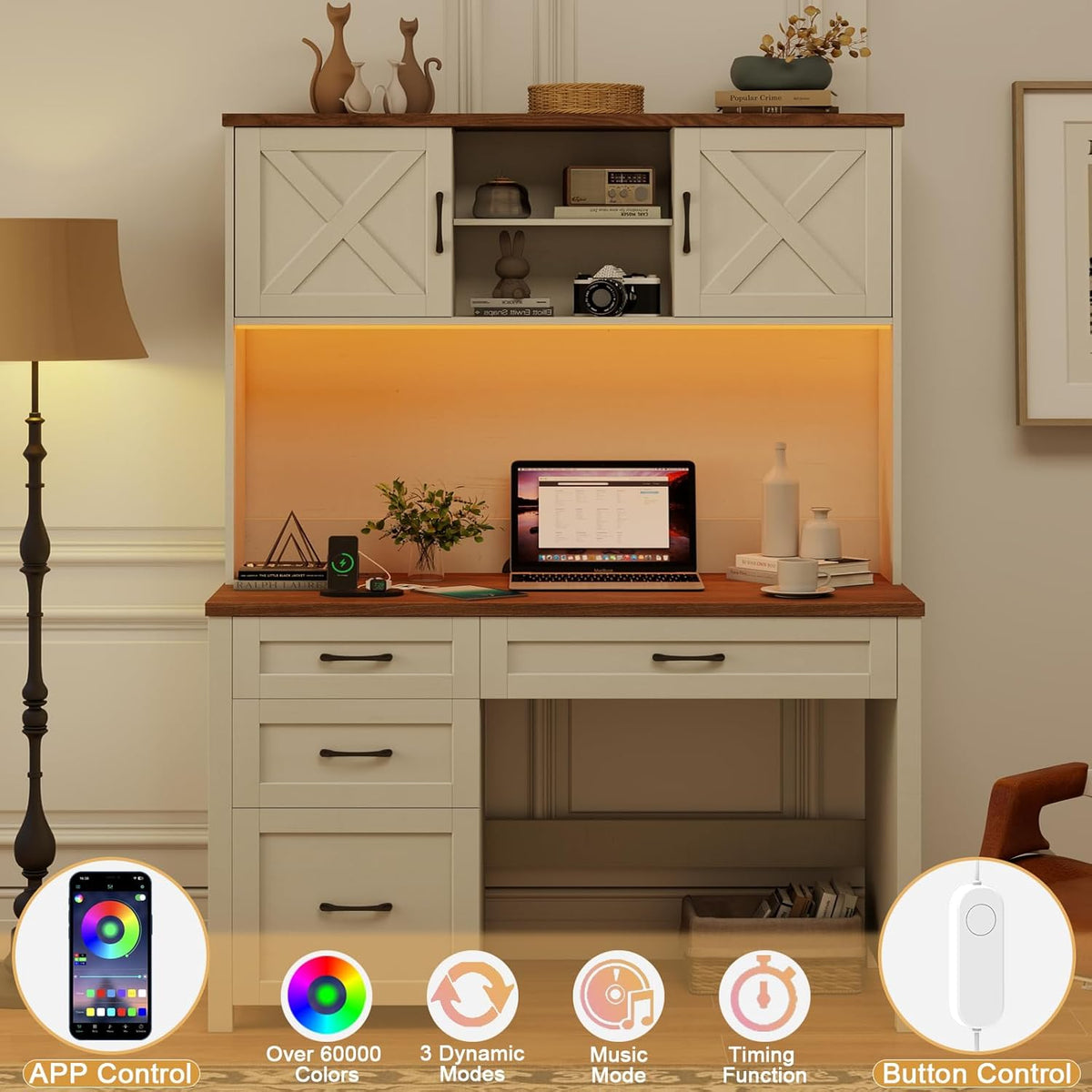 Farmhouse 67" H Executive Desk with Hutch,Office Table with 4 Drawers and LED Light, Computer Desk with Storage Cabinet & File Drawers and Charging Station, Wood Workstation for Home Office and Study