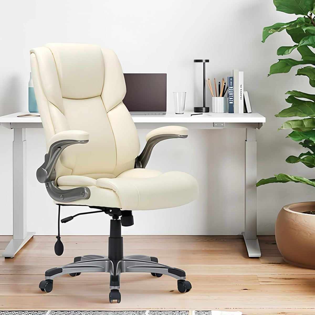 COLAMY Leather Executive Office Chair- High Back Home Computer Desk Chair with Padded Flip-up Arms, Adjustable Tilt Lock, Swivel Rolling Ergonomic Chair for Adult Working Study-Lvory, Set of 2