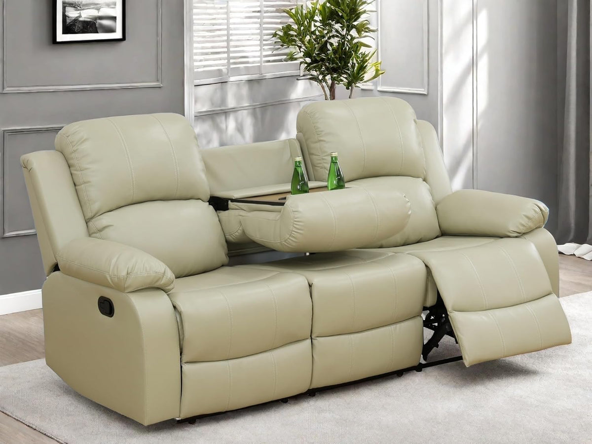 Leather Recliner Sofa Couch, 3-Seater Home Theater Seating Reclining Sofa, Power Reclining Couch with Cup Holders & Drop Down Table for Living Room Furniture Sets, Khaki