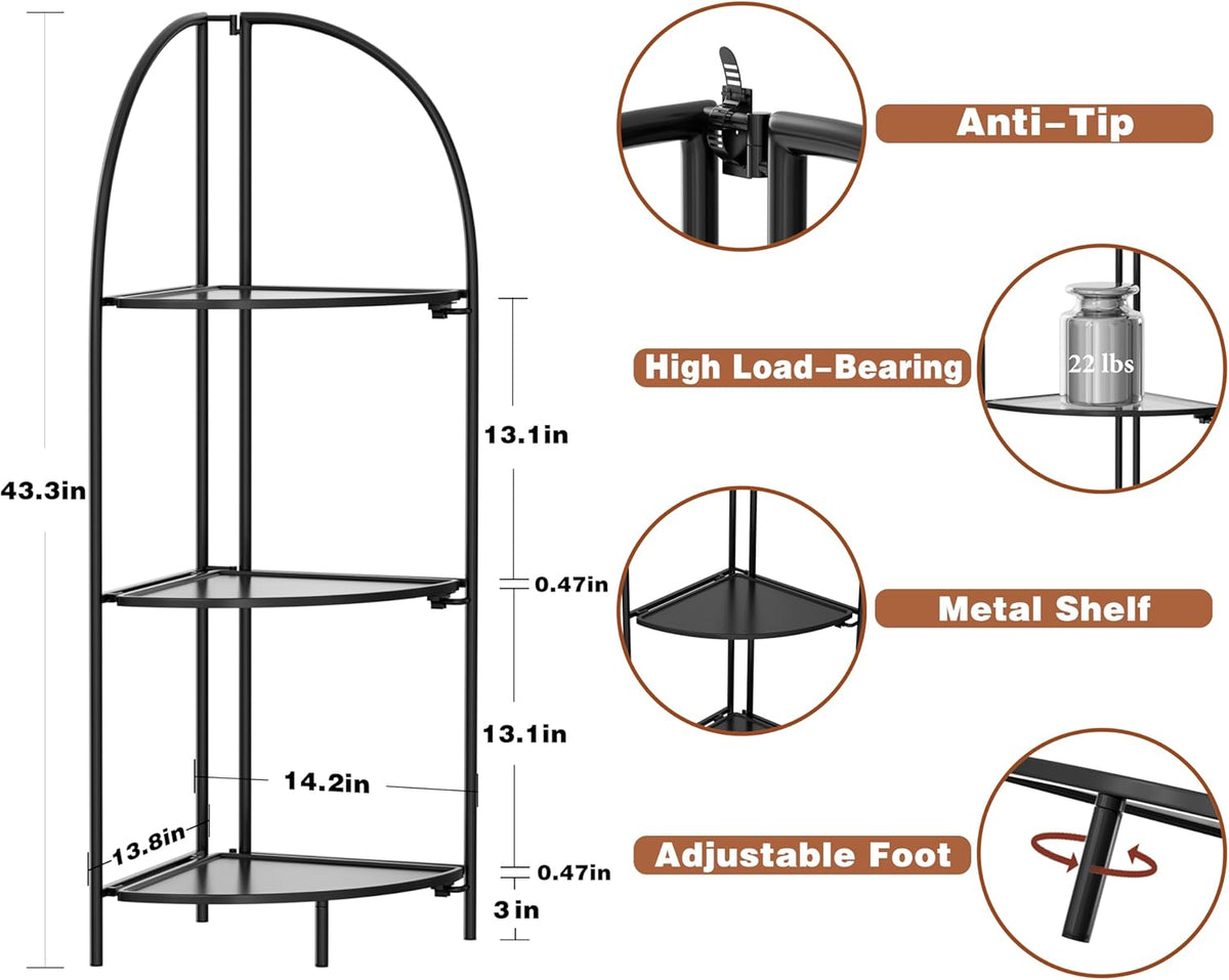 Crofy Foldable 3 Tier Corner Shelf, Metal Corner Plant Stand with Black Frame and Black Shelves, Corner Display Rack Multipurpose Shelving Unit for Living Room, Bedroom, Bathroom
