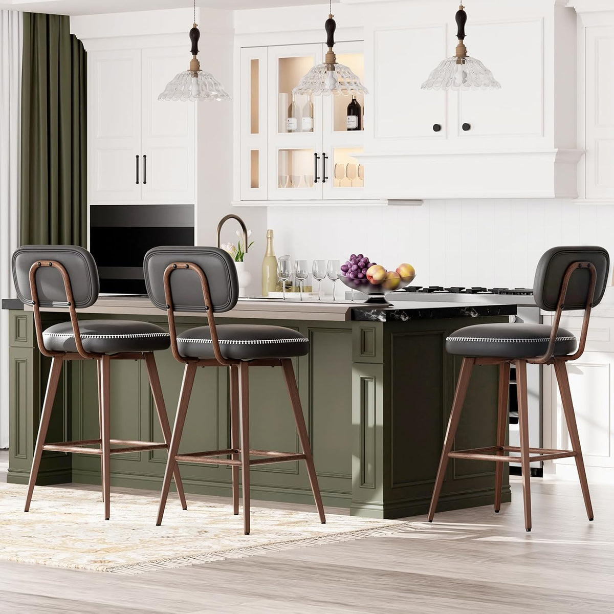 Swivel Bar Stools Set of 4, Mid Century PU Leather Counter Height Bar Chairs with Low Back and Metal Legs, Modern Bar Stool Chair for Kitchen Island, Black