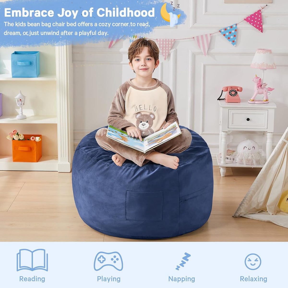 Kids Bean Bag Chair Bed - Convertible Lazy Chair to Floor Mattress with Filler - Small Beanbag Chair for Boys and Girls - Floor Couch Sofa in Bedroom, Classroom, Reading Nook - Navy Blue