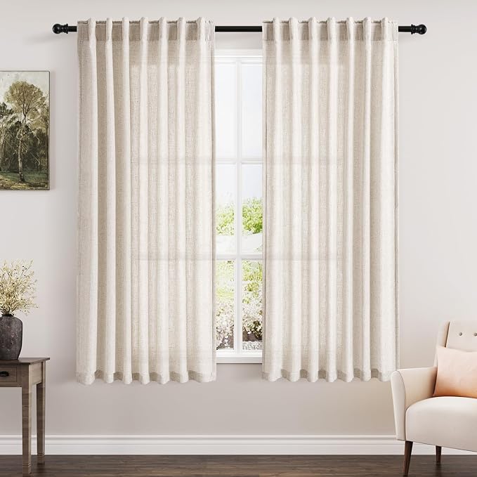 Beige Linen Textured Curtains 2 Panels Set 60 Inches Long