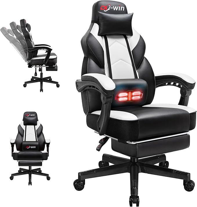 Video Gaming Chair for Adults, Computer Chair with Footrest and Ergonomic High Back, Big and Tall Gamer Chair with Massage Lumbar Support, 360° Swivel Height Adjustable Computer Chair, White