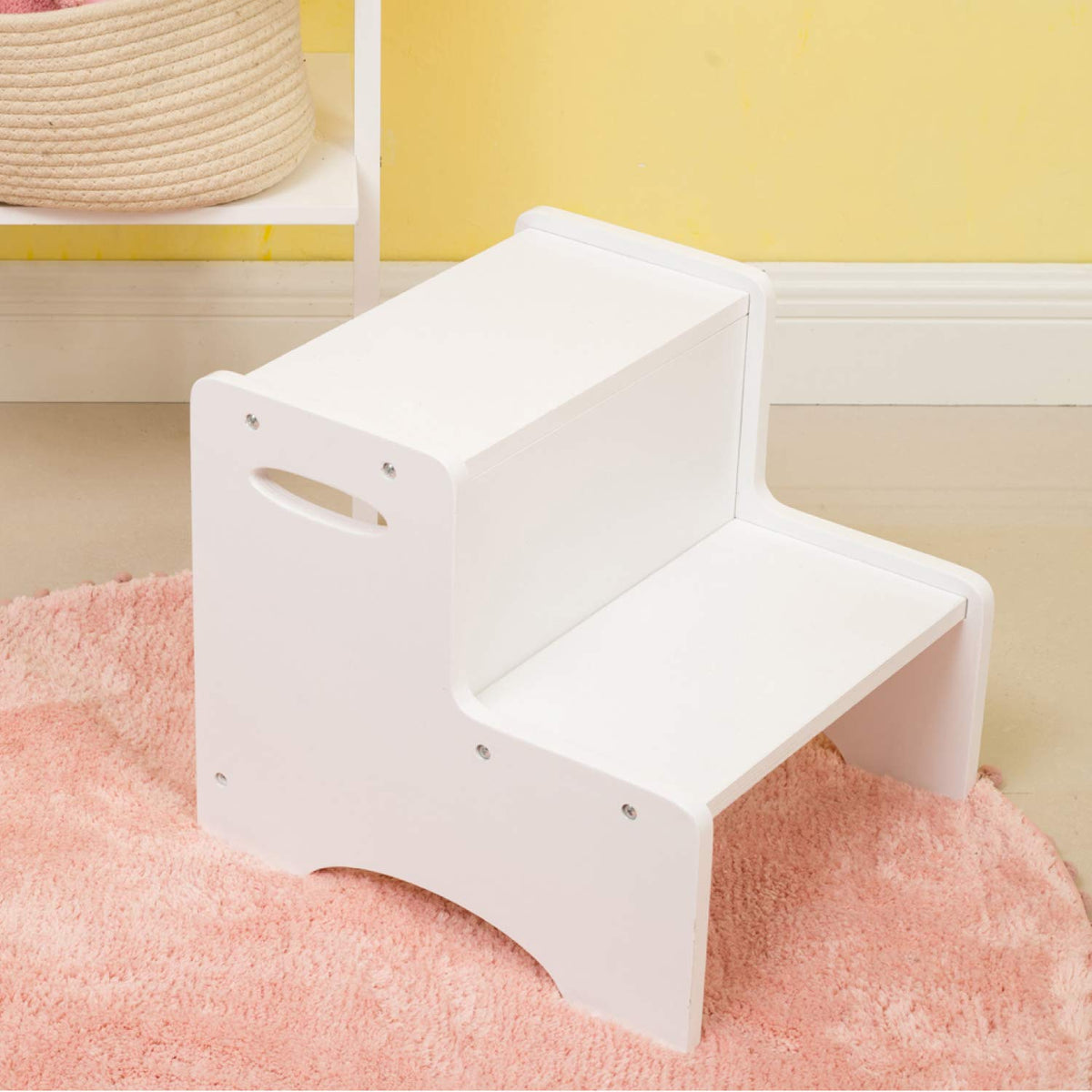 WOOD CITY Toddler Step Stool, Wooden 2 Step Stools for Bathroom Sink Potty Training Kitchen Dual Height Stool Helper for Kids Bonus Non-Slip Pads and Handles for Safety (White)