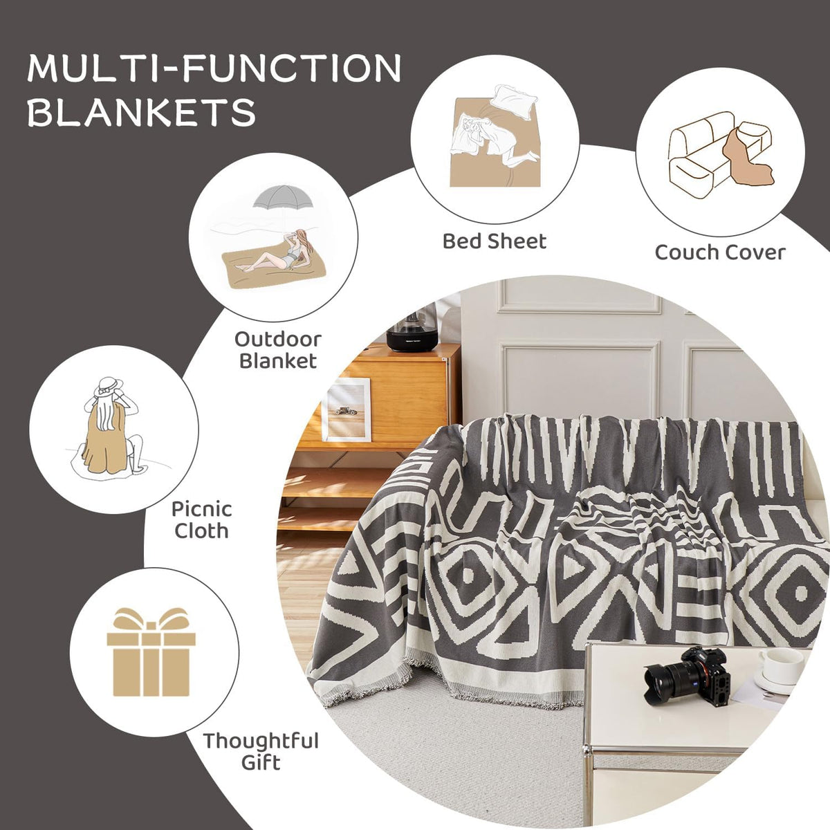 STACYPIK Boho Geometric Dark Grey Sofa Cover Chenille Couch Cover for Dogs Washable Armchair Slipcover for Living Room Sectional Sofa Cover for 2 Cushion Couch Sofa Jacquard Sofa Cover Decor-71X90IN