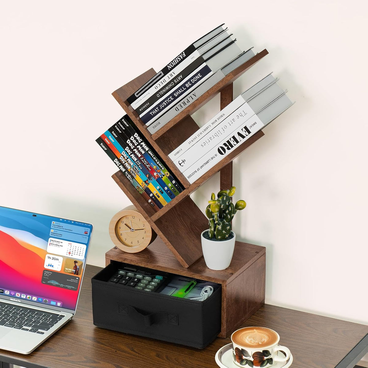 Small Bookshelf with Drawer,4 Tier Tree Book Shelf,Wood Desk Bookshelves,Modern Free Standing Desktop Display Shelves,Brown Floor Standing Organizer Bookcase for Living Room,Bedroom,Office