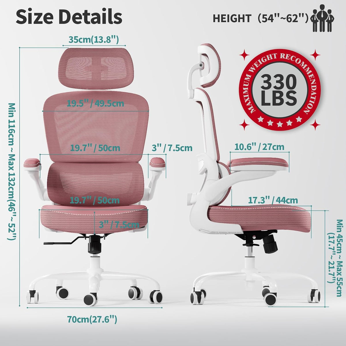 TRALT Ergonomic Office Chair - Desk Chair with Adjustable Headrest Lumbar Support Computer Chair - Mesh Comfy Chair with Flip-up Armrests - Gaming Chairs for Adults Home Office (Leather, Pink)