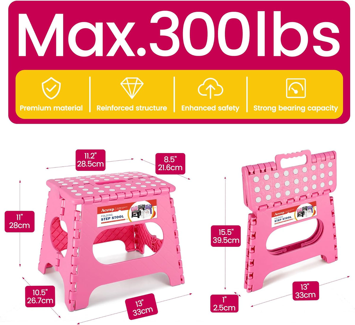 ACSTEP Folding Step Stool for Adults-11 Height Lightweight Plastic Stepping Stool. Foldable Step Stool Hold up to 300lbs Non Slip Collapsible Stool Pink