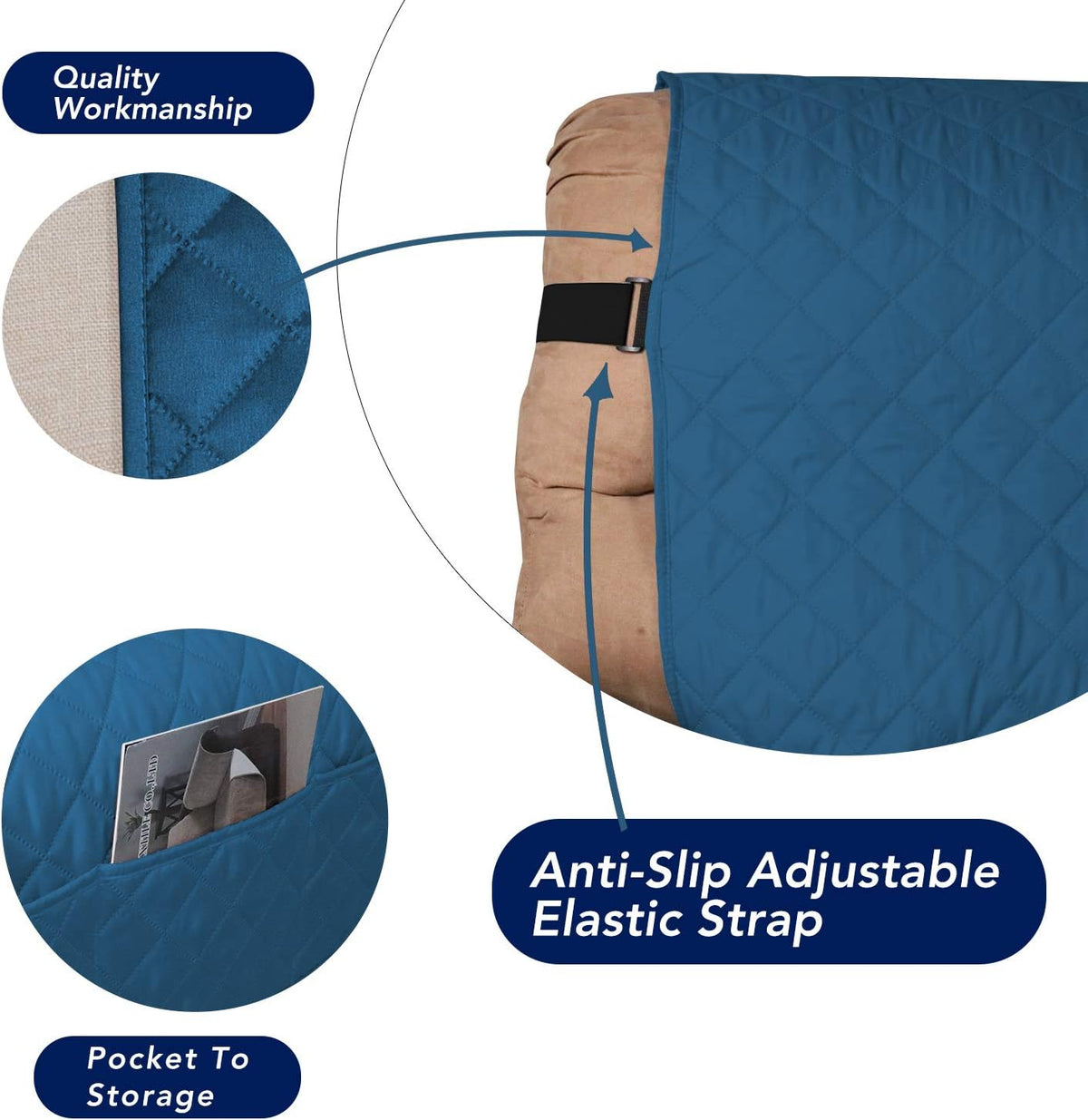 PureFit Reversible Sofa Cover Water Resistant Recliner Couch Cover, Machine Washable Furniture Cover with Adjustable Strap for Dogs, Pets (Recliner, Peacock Blue/Ivory)