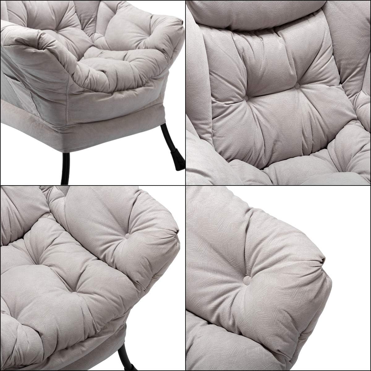 HollyHOME Modern Large Cotton Fabric Lazy Chair，Accent Contemporary Lounge Chair, Single Steel Frame Leisure Sofa Chair with Armrests and A Side Pocket, Grey