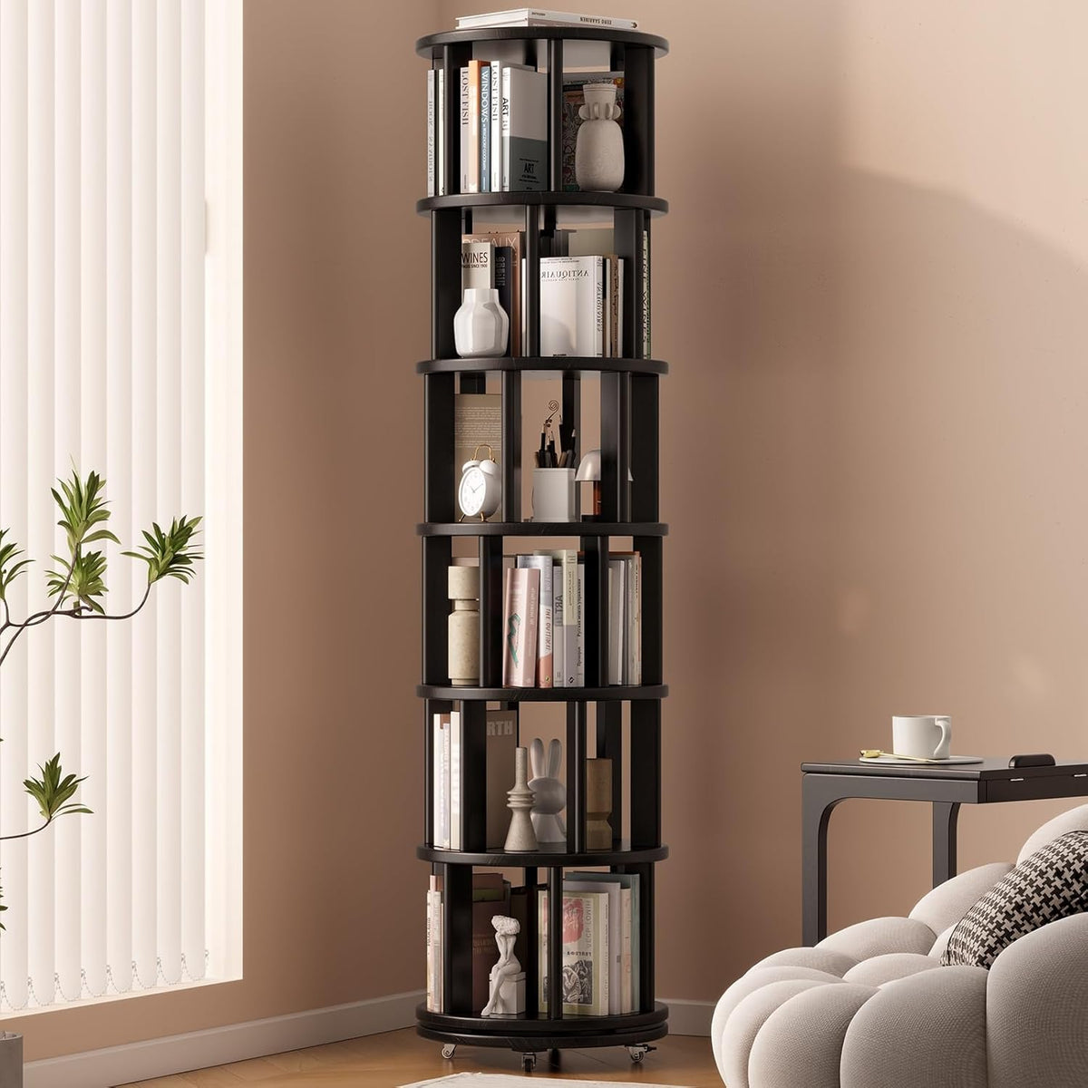 Solid Wood Rotating Bookshelf on Wheels, 6 Tier, Round Revolving Bookcase, 360° Spinning Book Shelf Tower for Kids, Narrow Rolling Bookshelves for Small Space, Corner, Bedroom, Office, Black