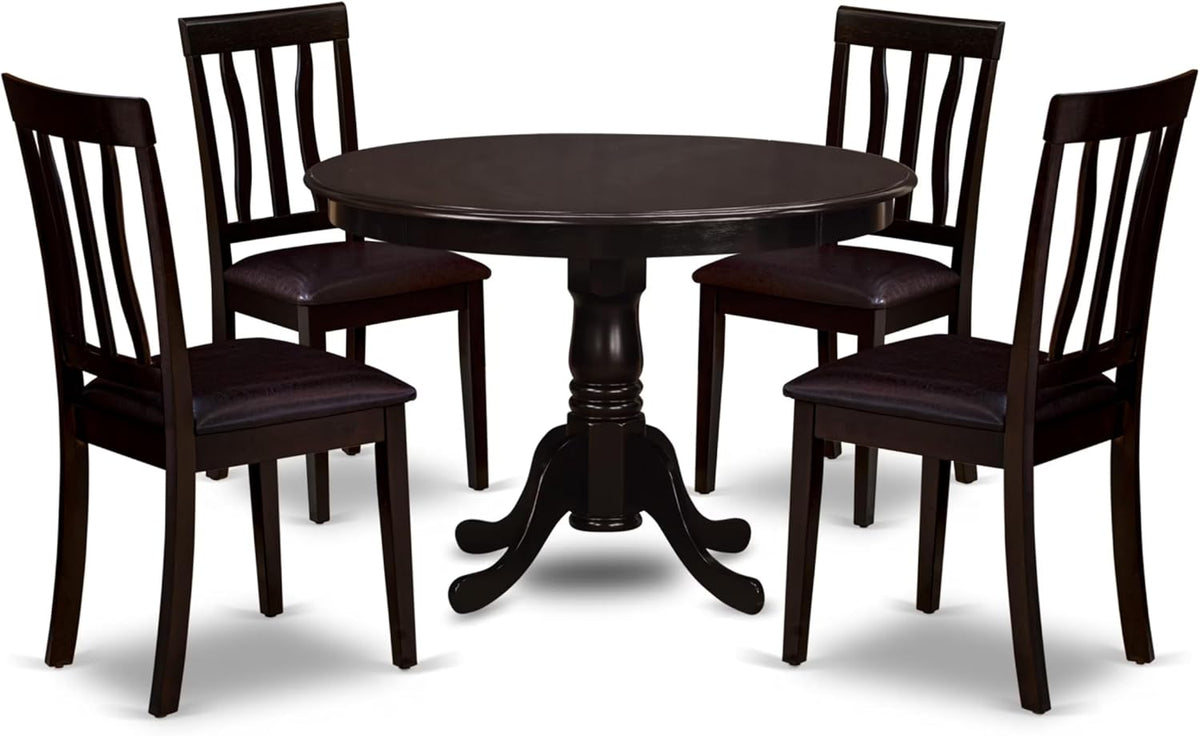 East West Furniture HLAN5-CAP-LC 5 Piece Dining Table Set for 4 Includes a Round Kitchen Table with Pedestal and 4 Faux Leather Dining Room Chairs, 42x42 Inch, Cappuccino