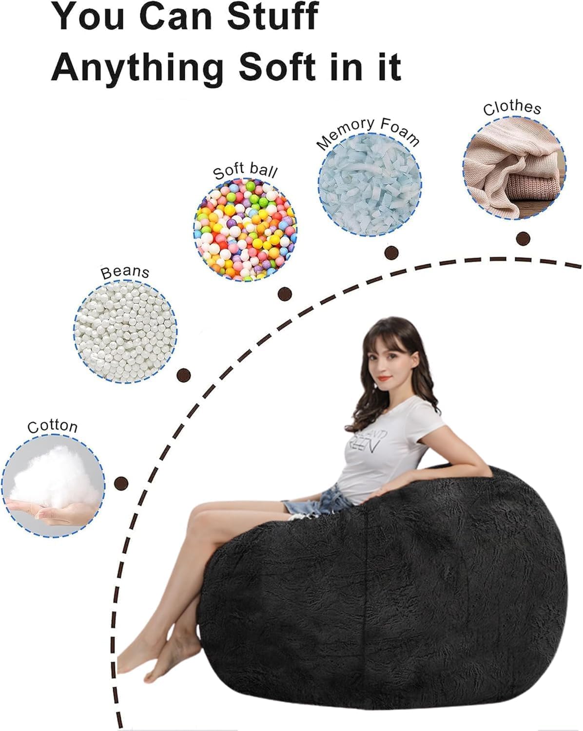 Bean Bag Chair for Kids Adults Without Filler Oversized Round Plush Beanbag Chair Lazy Sofa Cover for Stuffed Animal Storage Floor Chair, 5FT, Light Grey