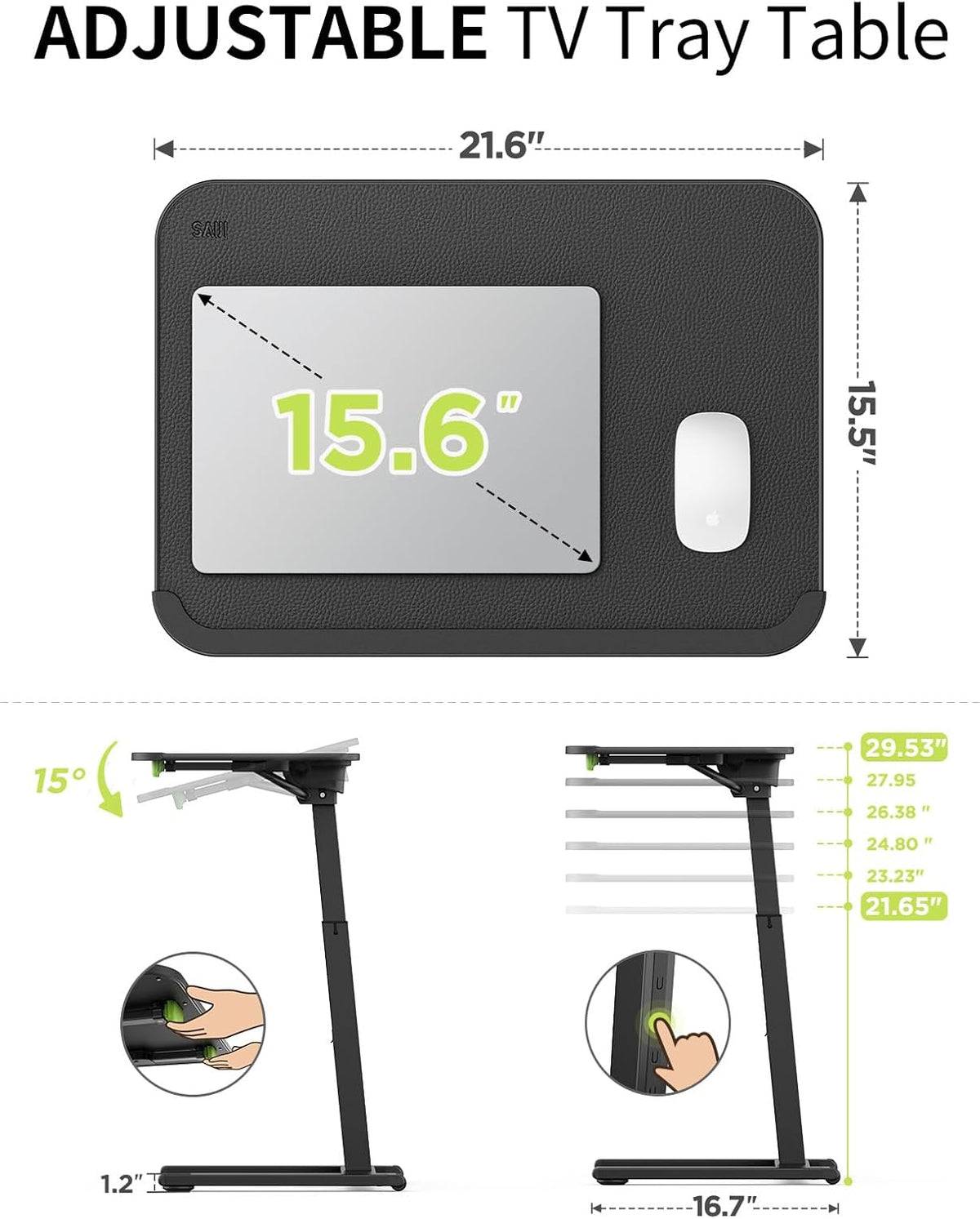 SAIJI Mobile TV Tray Table, Heavy Duty Metal TV Trays for Eating on Couch, Height & Angle Adjustable Desk for Bed, Sofa, Recliner, Portable Small Foldable Tables
