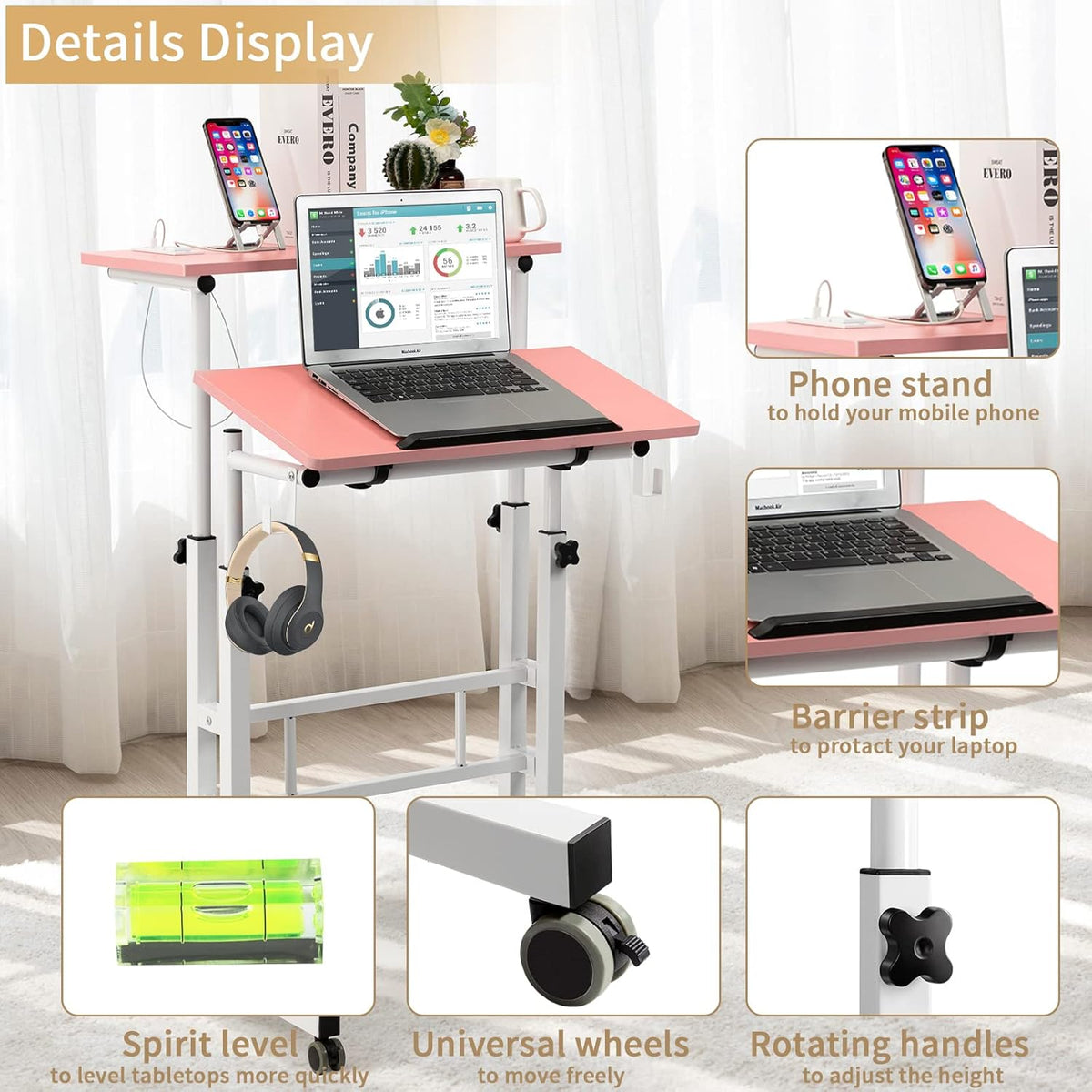Hadulcet Mobile Standing Desk with Charging Station, Adjustable Standing Computer Desk, Standing Adjustable Laptop Cart with Wheels for Home Office Classroom, Pink