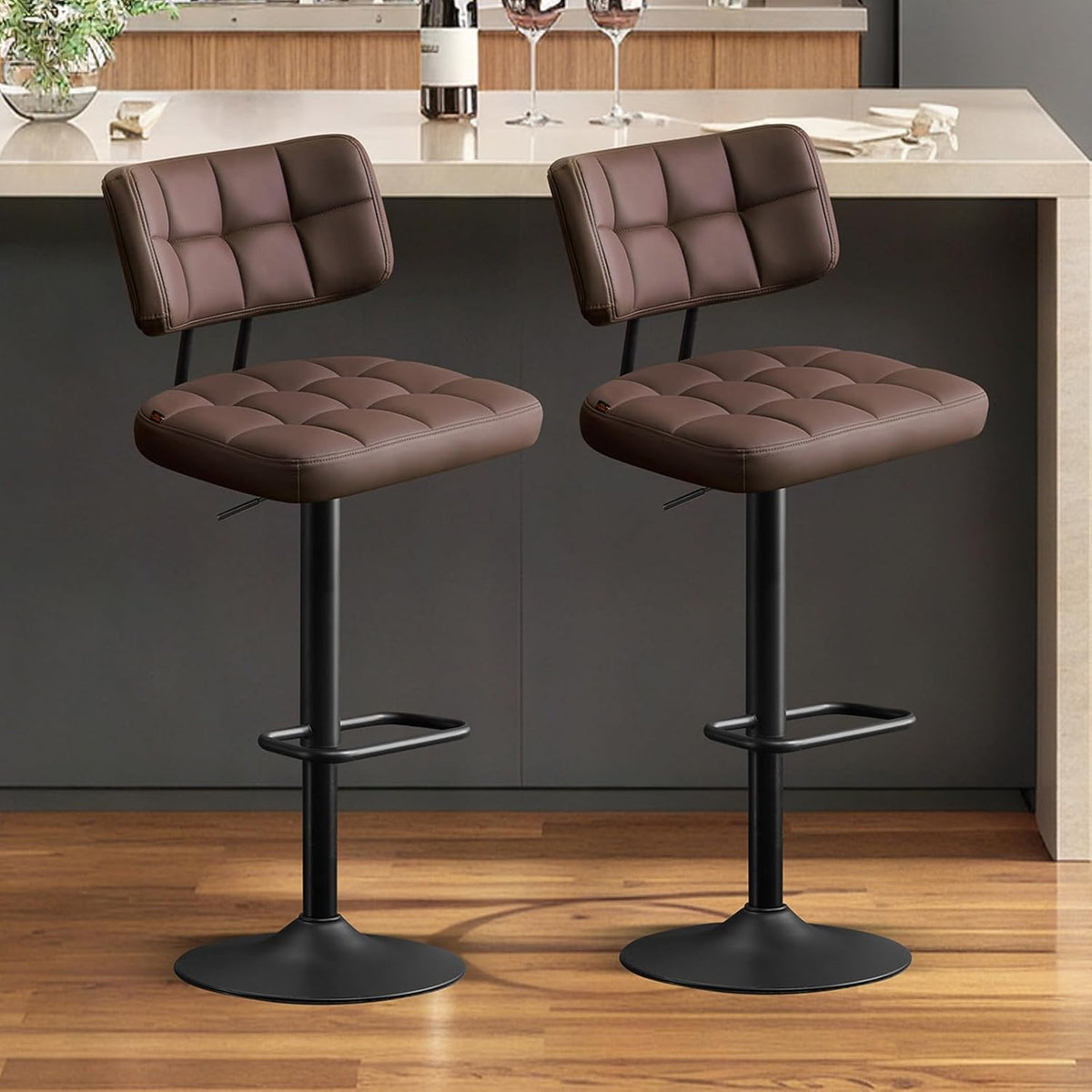 Furniliving Modern Bar Stools Set of 2 Faux Leather, Upholstered Swivel Barstools with Back, Adjustable Bar Chairs Counter Height for Kitchen Island, Dining Space, Brown