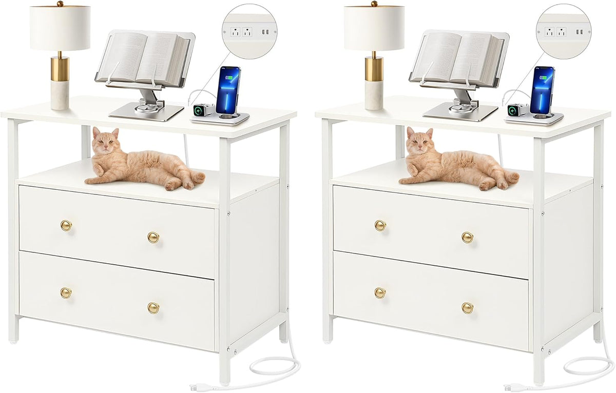 27 inch Wide Nightstand with Charging Station, Bedside Table with Open Shelf, 2 Drawers Small Wood Dresser, End Side Table for Bedroom (2 Pack,White)