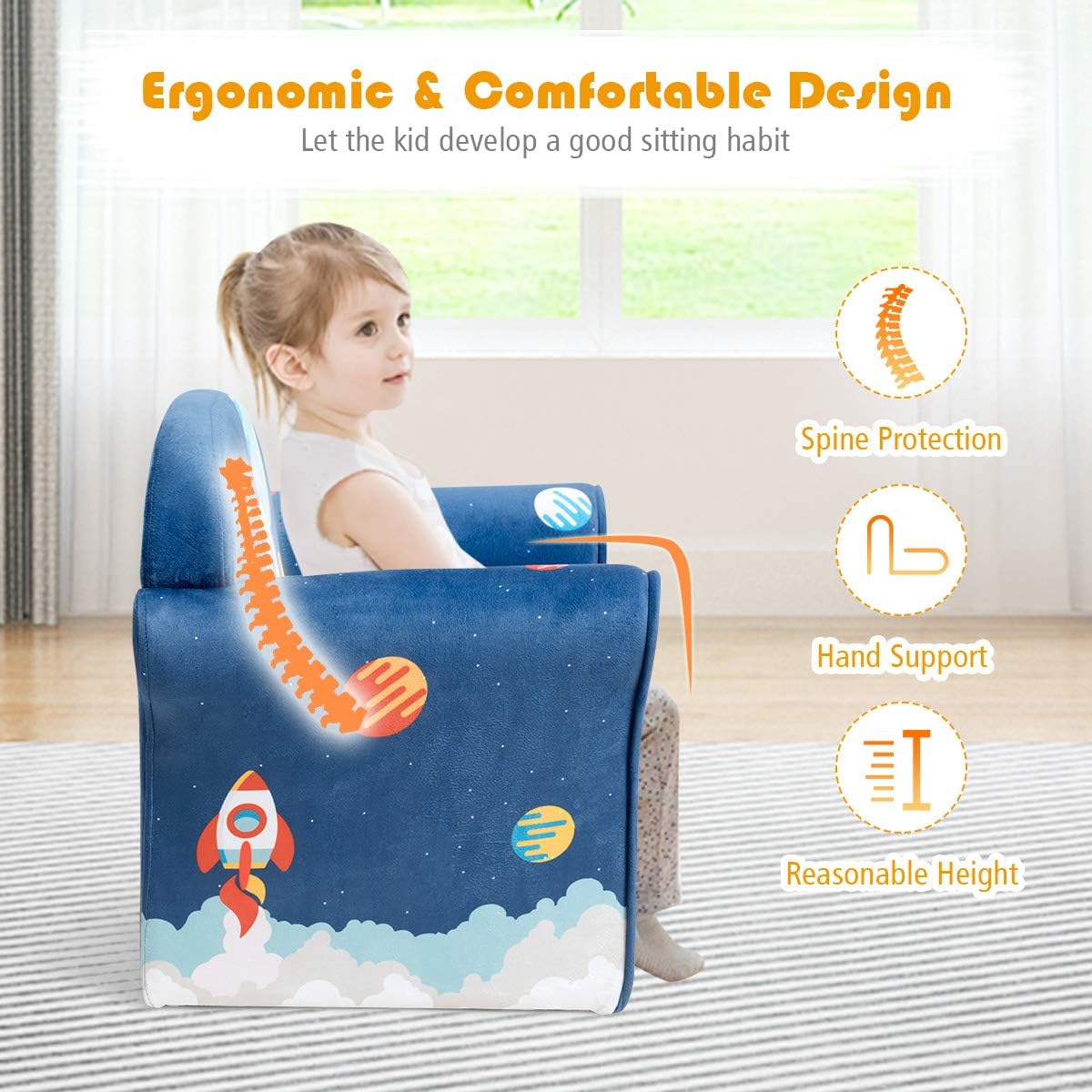 Costzon Kids Couch, Children's Sofa Armrest Chair with Pattern, Toddler Furniture w/Sturdy Wood Construction, Preschool, Lightweight Children Couch Sofa Chair for Aged 1-5 Boys & Girls Gifts, Spaceman