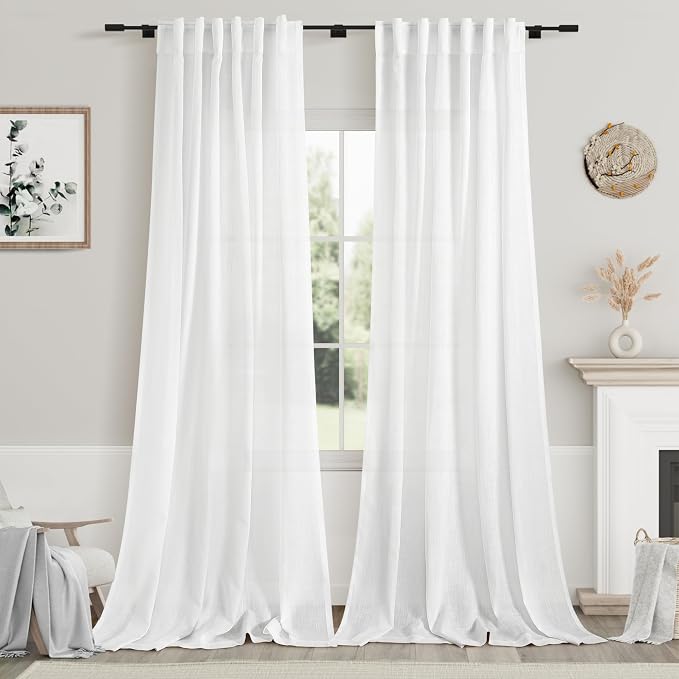 White Linen Curtains 96 Inches Long 2 Panels Set Back Tab Rod Pocket Semi Sheer