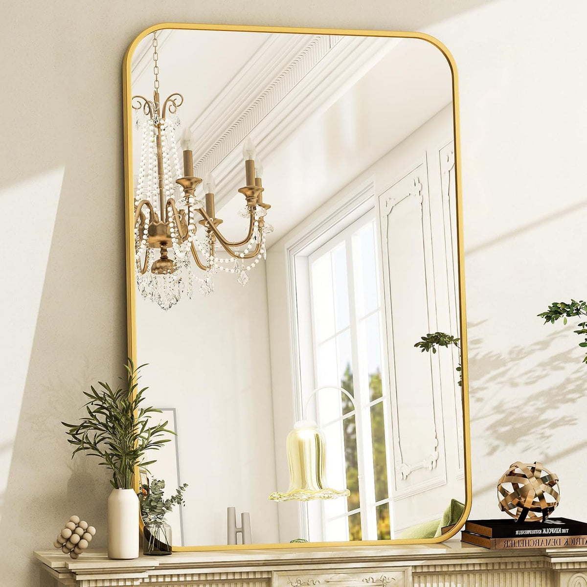 26 x 38 Inch Bathroom Mirror, Rounded Rectangular Vanity Mirror for Wall, Modern Mirror for Room Decor, Gold Framed Wall-Mounted Mirrors for Home Decor, Hangs Horizontally or Vertically