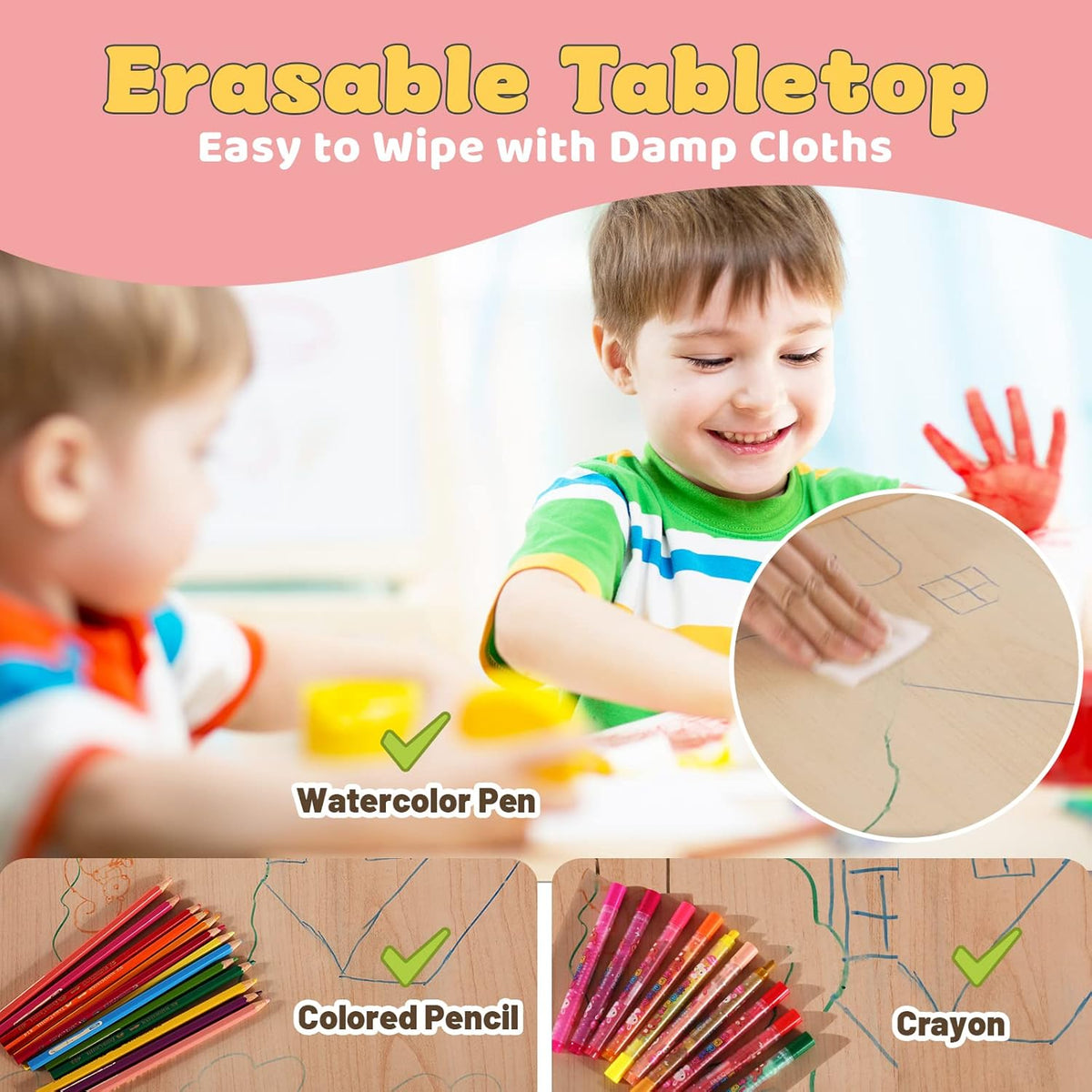 FUNLIO Kids Table and 4 Chairs Set for Ages 3-8, Height Adjustable Toddler Table and Chair Set, Easy to Wipe Arts & Crafts Table, for Classrooms/Daycares/Homes, CPC & CE Approved (5 pcs Set) - Pink