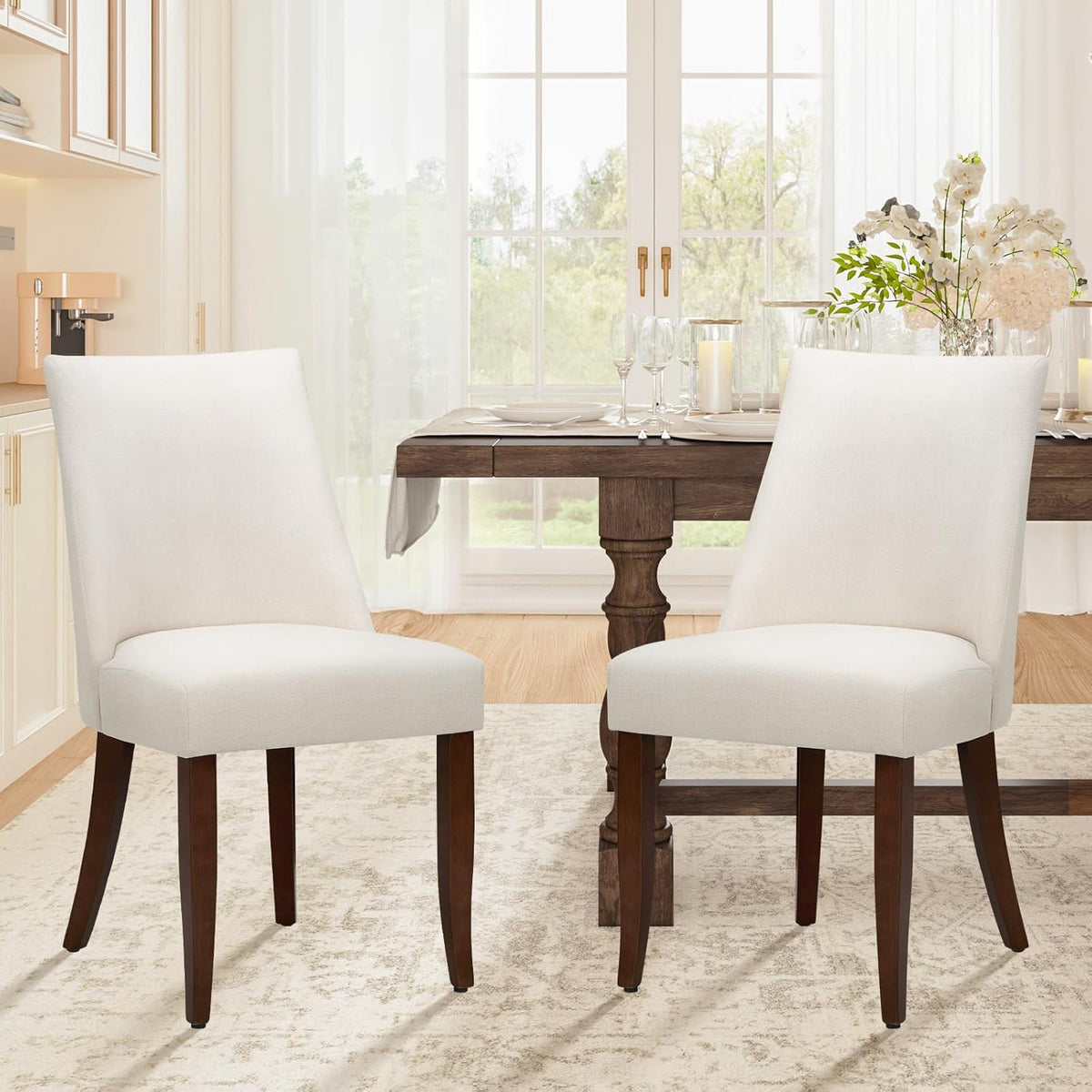 COLAMY Upholstered Dining Chairs Set of 2, Mid Century Modern Kitchen Chairs with Back, Farmhouse Fabric Side Dining Room Chairs with Wood Legs for Dining Room Restaurant, Beige