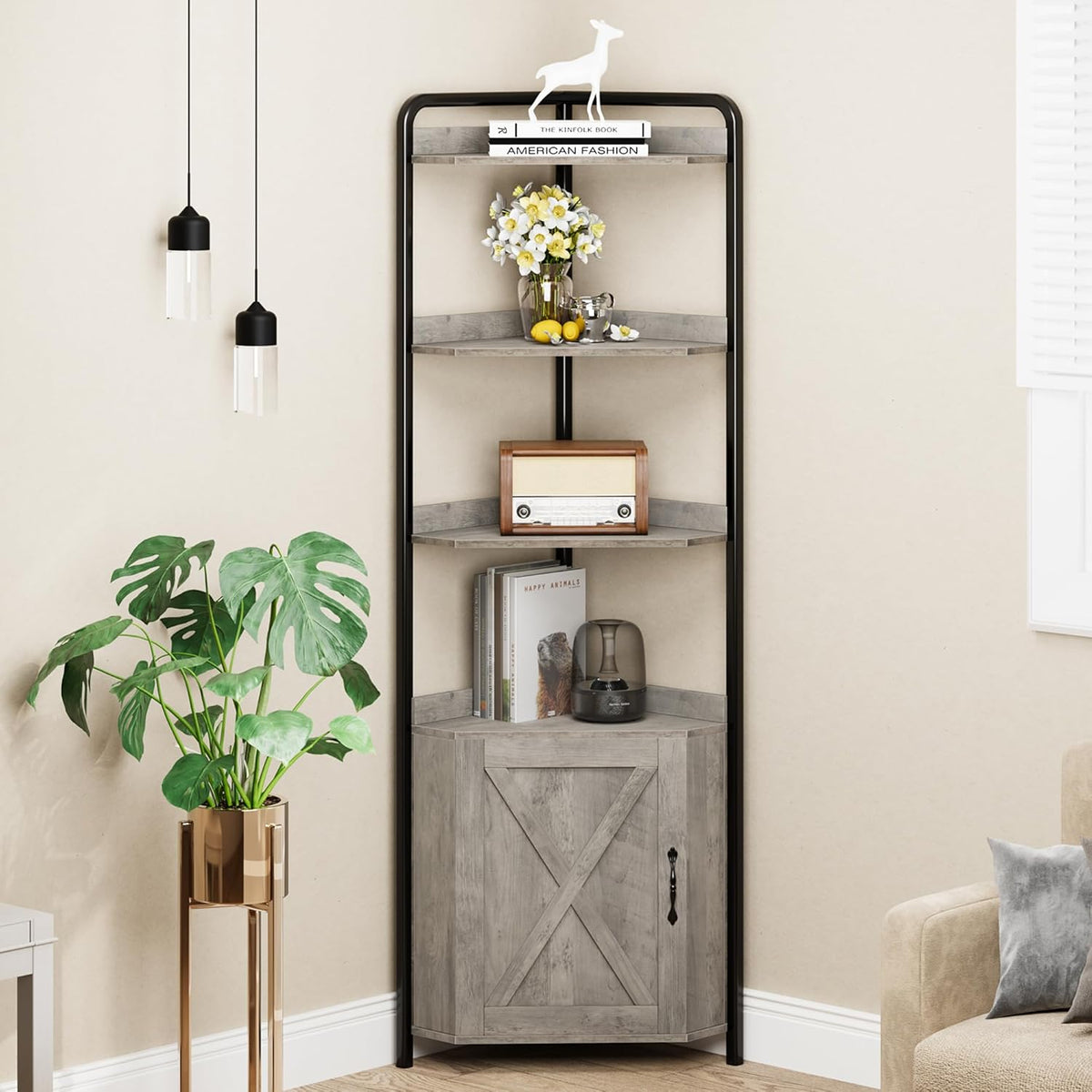 IDEALHOUSE 70.9 Inch Corner Cabinet 5-Tier Tall Corner Cabinet Farmhouse Bookshelves Rustic Storage Rack Industrial Bookcase Plant Stand for Living Room, Bedroom, Home Office, Kitchen