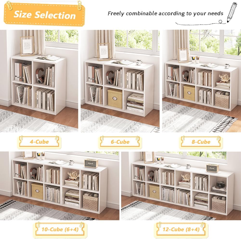 4 Cube Organizer Bookcase - Fabric Storage Bins Container, Open Shelf Simple Compartments Bookshelf, White