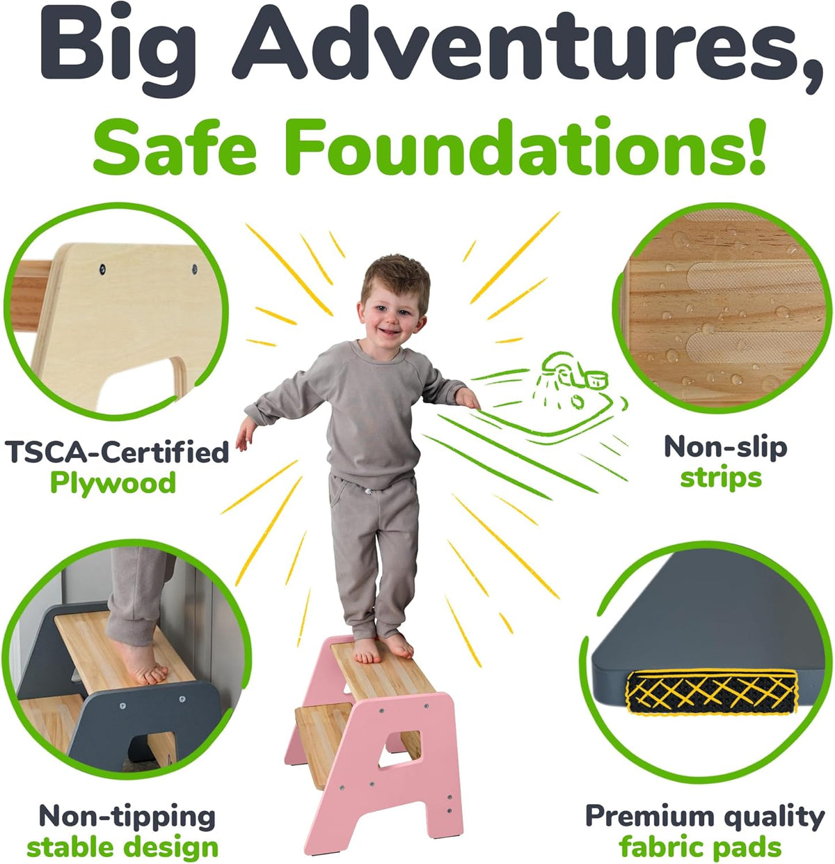 2-Step Wooden Step Stool for Toddlers | Kids Stool for Bathroom Sink & Kitchen Use | Non-Slip Step | Wooden Stool for Children Ages 2+ Years Pink