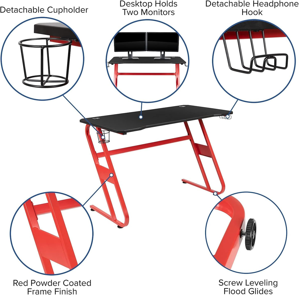 Flash Furniture Fisher Red Gaming Ergonomic Desk with Cup Holder and Headphone Hook