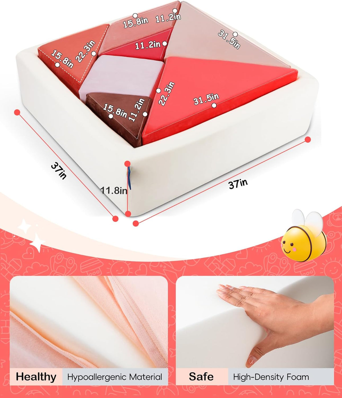 Kids Play Sofa, Tangram Square Puzzles Couch Furniture, Modular Kids Play Couchs Furniture, Puzzle Solving Couch Building Fort for Playroom Bedroom Boys Girls Teens, Glow