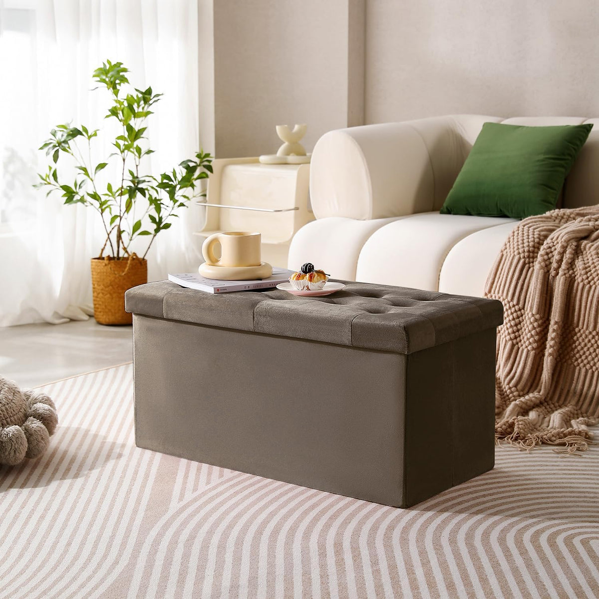 PRANDOM Extra Large Ottoman with Storage [1-Pack] Velvet Folding Small Square Foot Stool with Lid for Living Room Bedroom Coffee Table Dorm Dark Coffee 30.5x15x15 inches