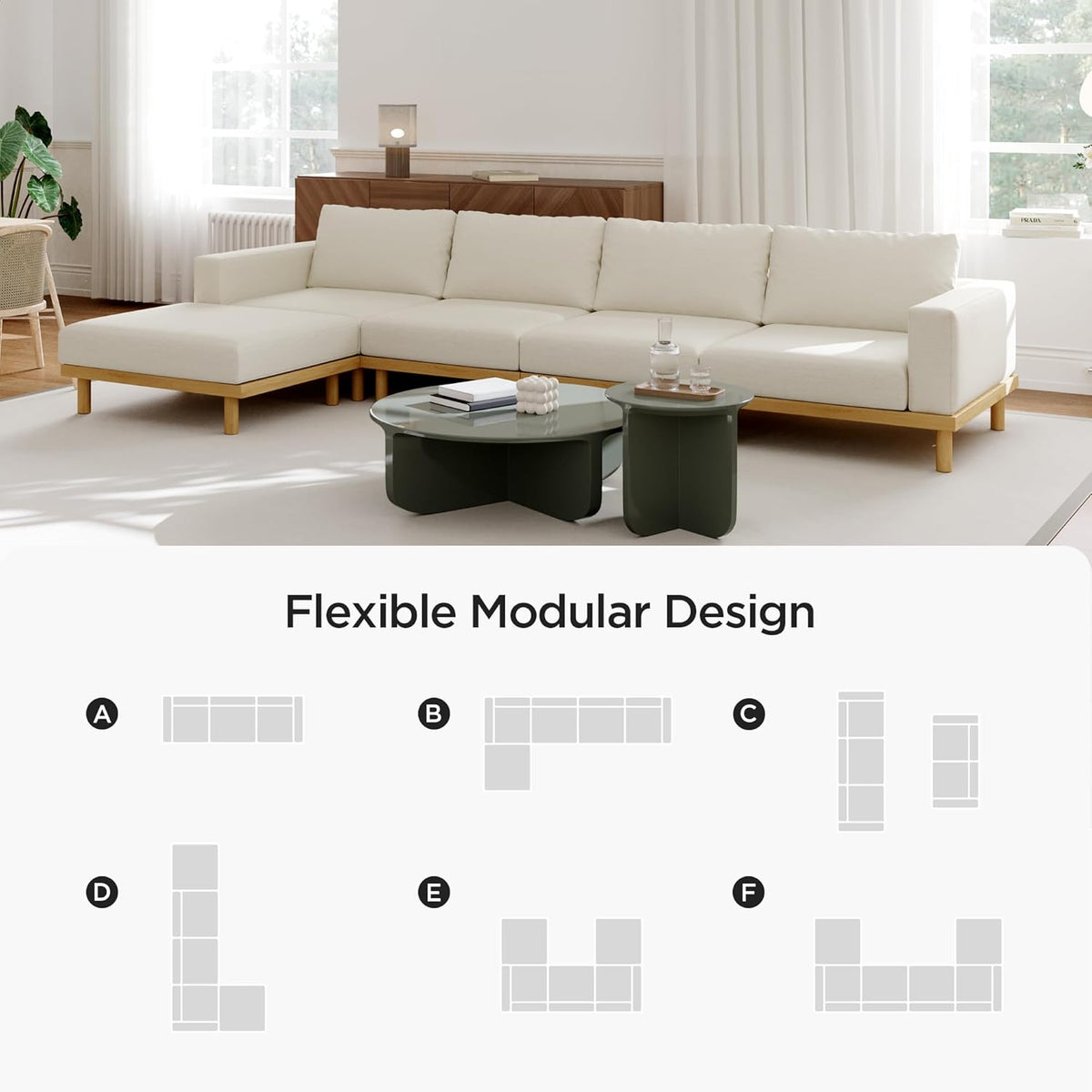 Acanva Minimalist Modular Sectional Sofa for Living Room, Wide & Deep Seat Convertible Furniture Set with Metal Frame and Movable Covers, Ottoman, Off White