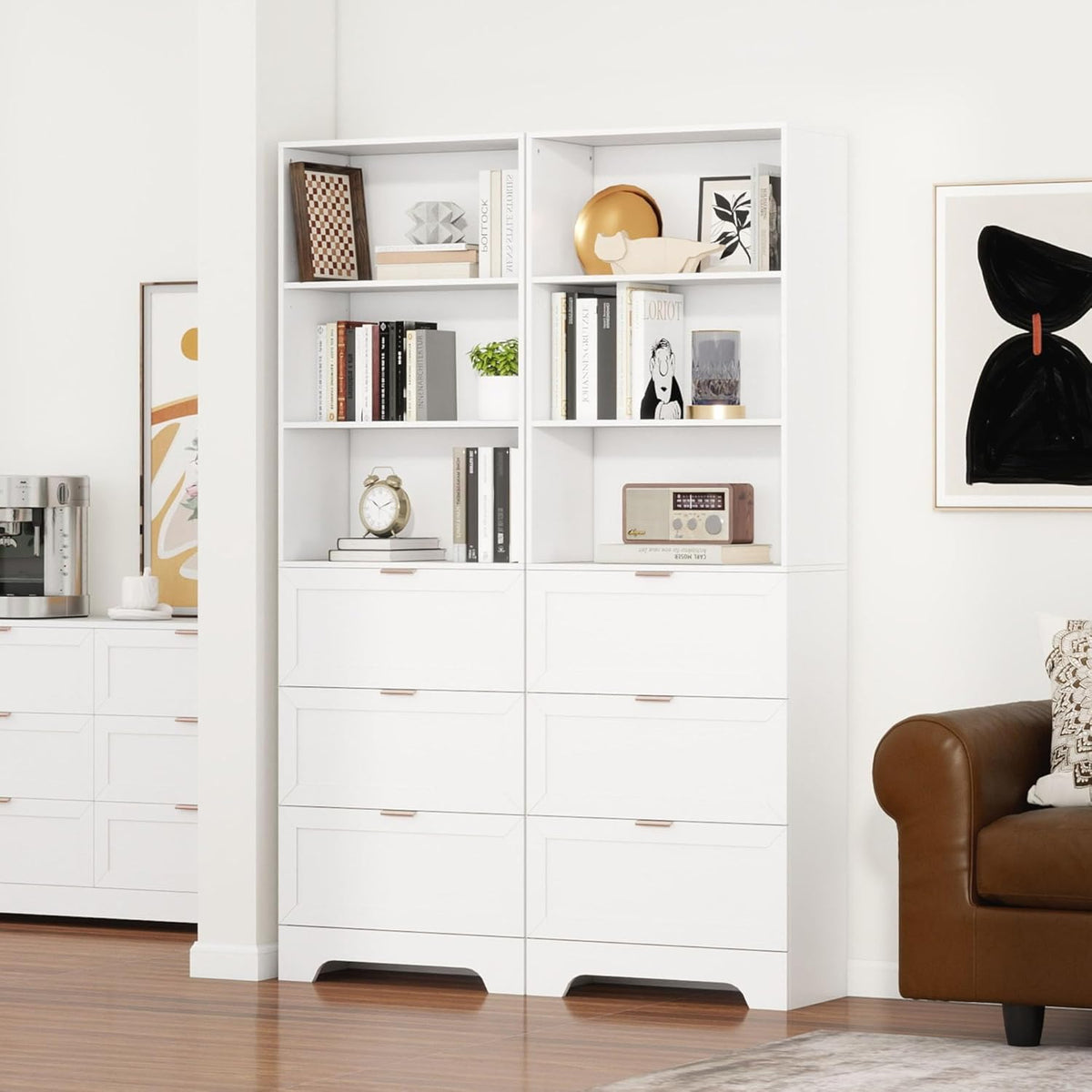 71" Tall Modern White Bookshelf with Storage 3 Drawers Freestanding Display Bookcase, Tall Book Shelf with Organizers and Storage, Display case for Home Office, Living Room,Study,White
