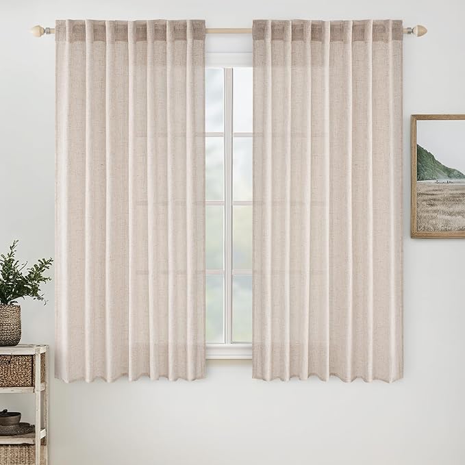 MIULEE Natural White Linen Curtains 60 Inch Length 2 Panels