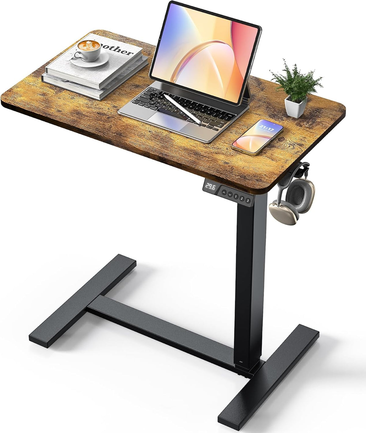 Electric Adjustable Height Standing Desk - Small Sit Stand Portable Rolling Laptop Table with Hidden Wheels, Small Computer Workstation for Bedside & Home Office Use (28"x16",Rustic Brown)