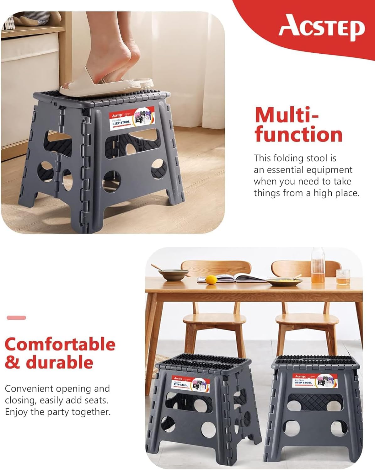 ACSTEP 13" Folding Step Stool- Holds up to 300Lb,The Lightweight Non-Slip Upgrade Collapsible Stepping Stool is Sturdy Enough to Support Adults and Safe Enough for Kids(Grey,1 Pack)