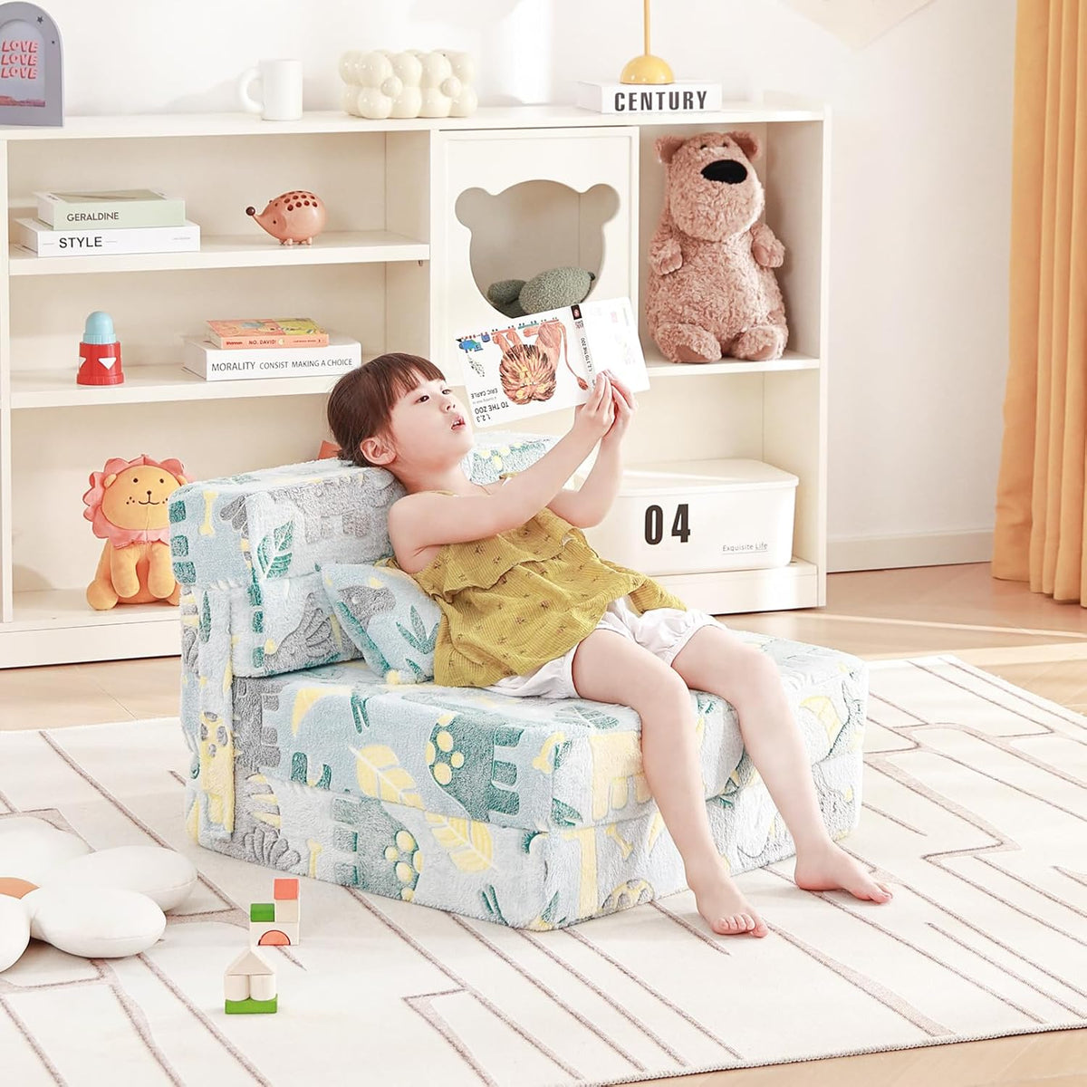 Folding Sofa Bed Floor Mattress for Kids With Pillow, Toddler Glow Washable Nap Mat for Sleeping, Child Fold Up Futon Chair Bed With Storage Bag for Girls Boys