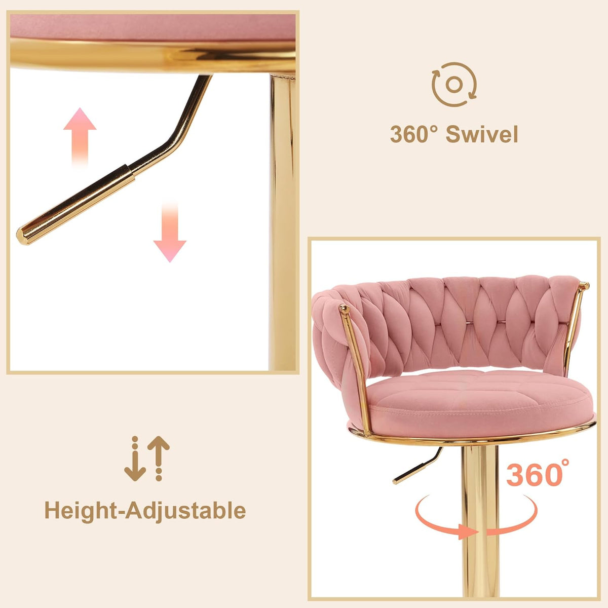 VECELO Bar Stools Set of 2, Adjustable Barstools Counter Height Stools with Back and Arm, Velvet Woven Kitchen Island Stools w/Gold Metal Leg & Base, 360° Swivel Bar Chair, Pink