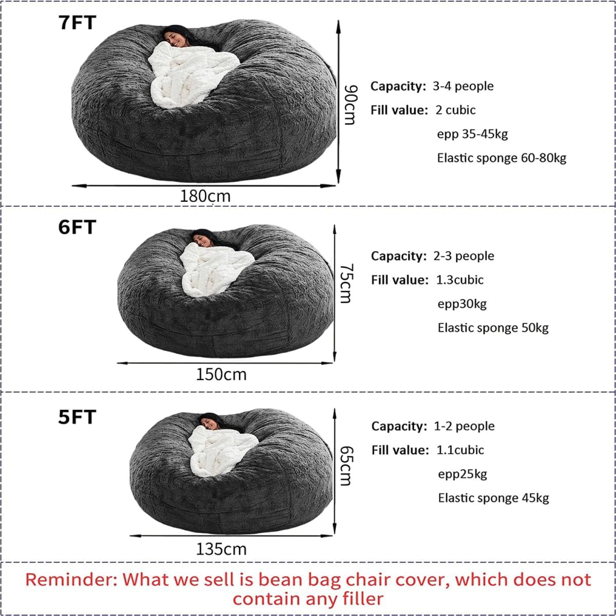 Bean Bag Chair for Adults Kids Without Filler Comfy Giant Round Lazy Sofa Chair Cover Floor Chair Cover for Bedroom Living Room, 7FT, White