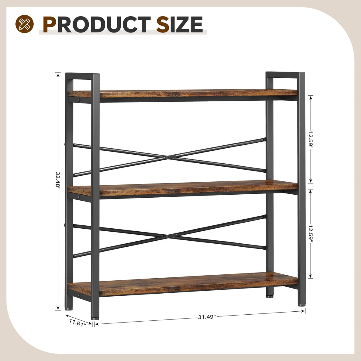 Book Shelf, 3 Tier Bookshelf 31.49" Width, Book Shelf Storage and Organization, Wooden and Metal Industrial Bookcase, Large Book Shelves for Home Living Room Bedroom Office Storage(Vintage)