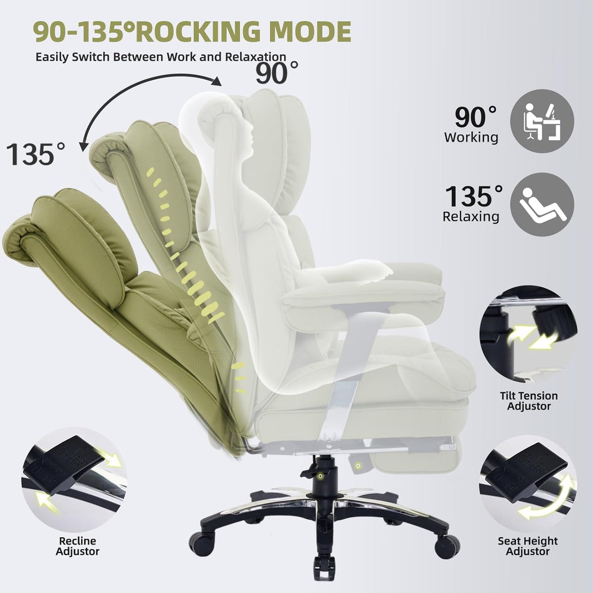 Efomao Big and Tall Office Chair with Footrest – High Back Computer Chair with Adjustable Armrests，Executive Office Chair with Wide Seat, Modern Desk Chair for Home Office, Gaming, or Study, Green